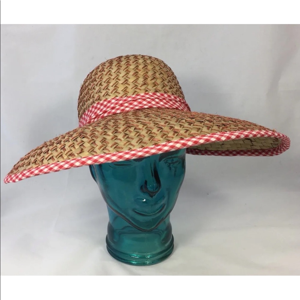 Summer Natural Grass Women Straw Sun Hat Cap Wide Brim Visor Tan Red Gingham